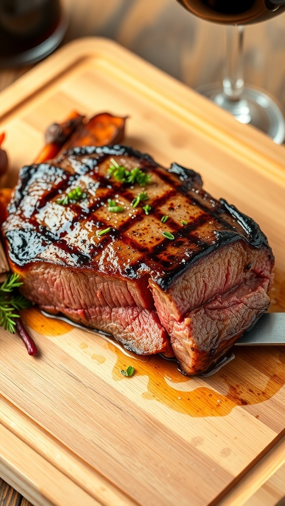 Juicy filet mignon steak on a cutting board, garnished with herbs and served with roasted vegetables.